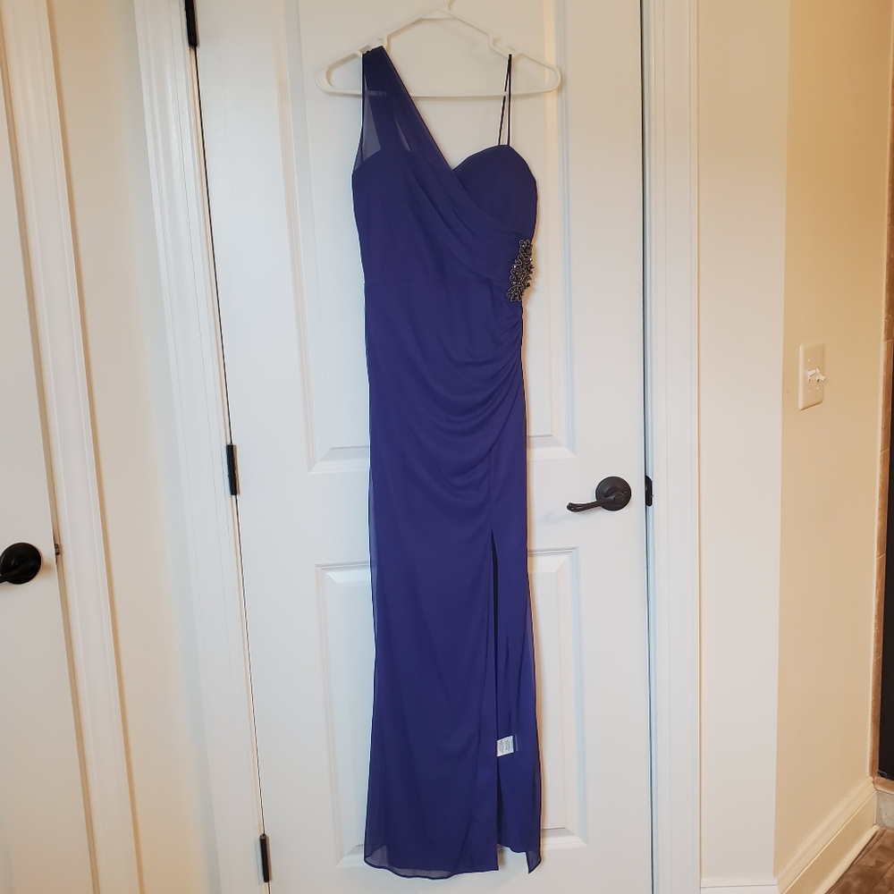 Onyx Nite Womens Purple Rhinestone Slitted Dress